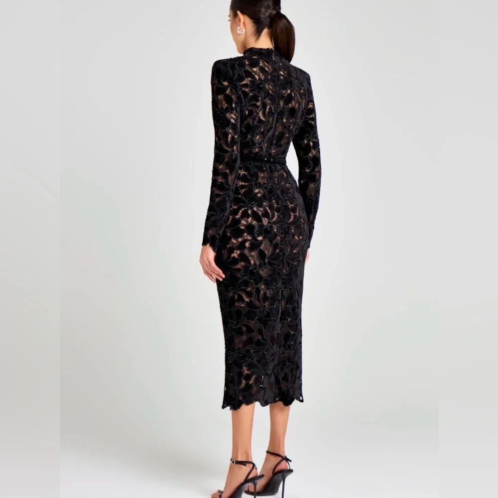 NADINE MERABI Black Floral Lace Long-Sleeve Midi Dress